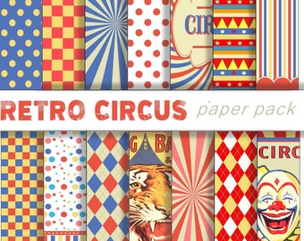 VINTAGE CIRCUS PAPER - Digital Paper Pack - 14 Divertidos Fondos retro de carnaval Descarga instantánea Fiesta digital imprimible, collage de scrapbooking