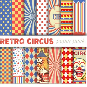 VINTAGE CIRCUS PAPER - Digital Paper Pack - 14 Fun Retro Carnival Backgrounds Instant Download Digital Printable Party, Scrapbooking collage