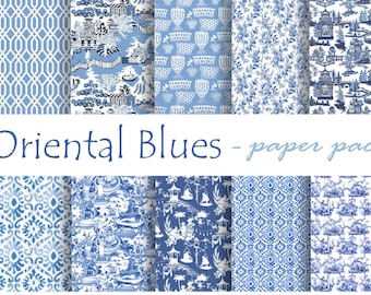 BLUE CHINA TEXTURES Paper Pack- Digital Papers - 10 Oriental Asian Chinoiserie Toile,Instant Printable Download