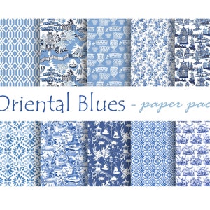 BLUE CHINA TEXTURES Paper Pack- Carte digitali - 10 Oriental Asian Chinoiserie Toile, Instant Printable Download
