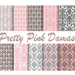 DAMASK DIGITAL PAPER - Pink and Grey- Printable Paper Pack - 10 wallpapers,backgrounds - Craft Papers,Instant Download Wedding Girl