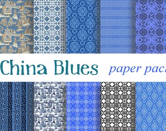 BLUE CHINA BACKGROUNDS Paper Pack- Digital Papers - 10 Canton Oriental Asian Chinoiserie Toile,Instant Printable Download
