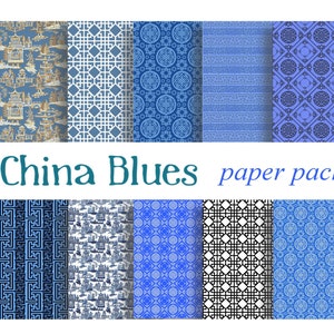 BLUE CHINA BACKGROUNDS Paper Pack- Digital Papers - 10 Canton Oriental Asian Chinoiserie Toile,Instant Printable Download