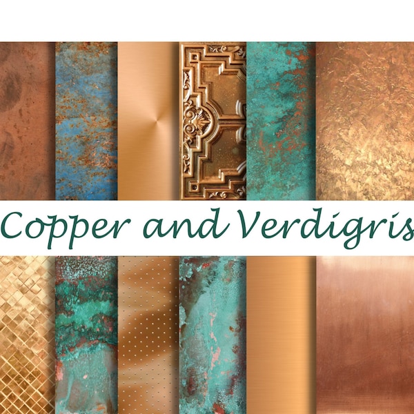 COPPER and VERDIGRIS Digital PAPERS  - 12 Digital Printable Papers,Instant Download - Worn, Shiny, Aged Copper Texture Background,Paper Pack