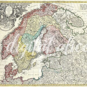 MAPA ANTIGUO DE ESCANDINAVIA - Descarga digital imprimible instantánea - Mapa escandinavo de 1730: Noruega, Suecia, Dinamarca, Finlandia y los países bálticos. Arte mural.