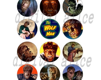 THE WOLF MAN Craft Circles -Instant Download Printable-Old Lon Chaney Halloween Party,bottlecaps,stickers,cupcake topper