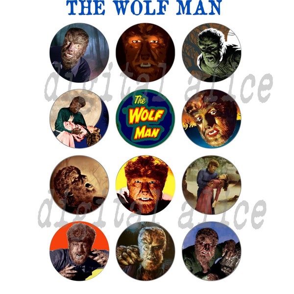 THE WOLF MAN Craft Circles -Instant Download Printable-Old Lon Chaney Halloween Party,bottlecaps,stickers,cupcake topper