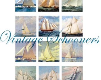SAILBOAT PAINTING digital printable Squares-nautical Schooner squares - mini paintings - Instant Download craft squares,tags,cards,stickers