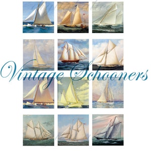 SAILBOAT PAINTING digital printable Squares-nautical Schooner squares - mini paintings - Instant Download craft squares,tags,cards,stickers