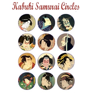 SAMURAI GEISHA digital collage sheet, Vintage Japanese Kabuki Craft Circles - Digital Instant Download Printable Bottlecaps, JEWELRy more