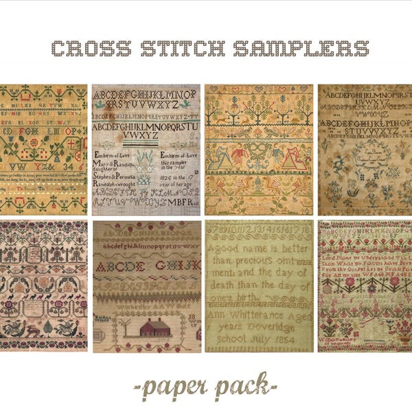 ANTIQUE SAMPLERS - Digital Paper Pack -8 Vintage AbC Cross Stitch Sampler Printable Papers,Instant Download Digital Printable Paper crafts