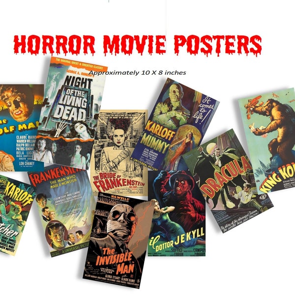Old HORROR MOVIE POSTERS -Instant Download Printable - Scary Movies Frankenstein, Dracula, Wolf Man,  Halloween Party DiY