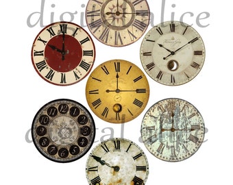 VINTAGE CLOCK FACES Craft Circles - 4 Instant Download Digital Printable 1,2,3 inch and 30mm Steampunk Industrial Antique Clocks - 4 sizes