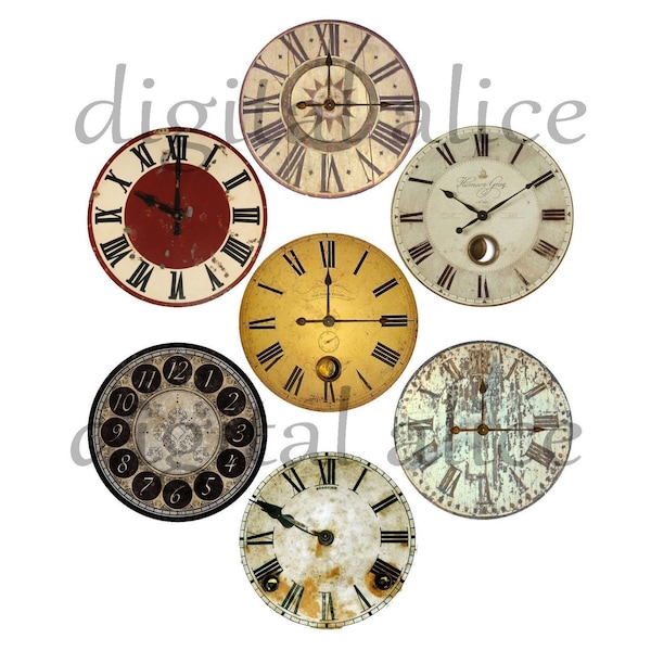 VINTAGE CLOCK FACES Craft Circles - 4 Instant Download Digital Printable 1,2,3 inch and 30mm Steampunk Industrial Antique Clocks - 4 sizes