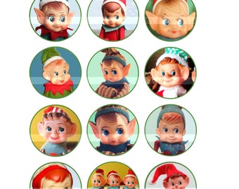 Vintage CHRISTMAS ELF Circles - Printable pixie elves kneehugger download - cute xmas elves bottlecaps,parties,ornaments - digital download