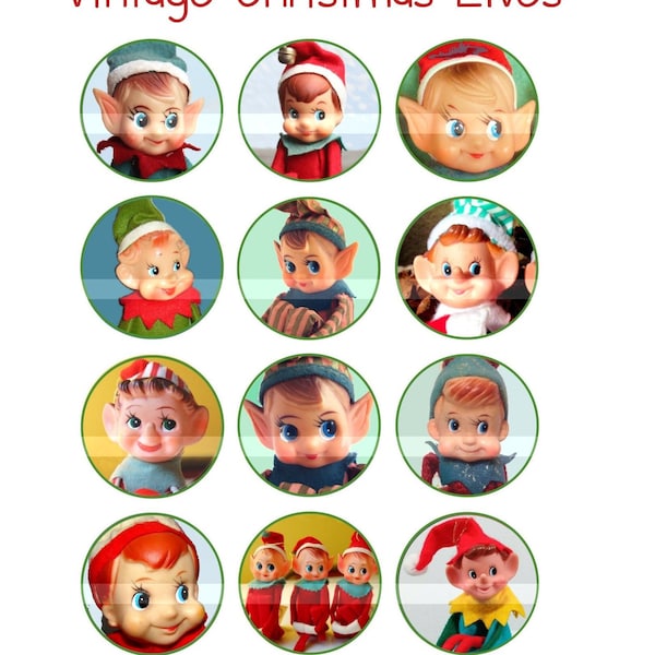 Vintage CHRISTMAS ELF Circles - Printable pixie elves kneehugger download - cute xmas elves bottlecaps,parties,ornaments - digital download