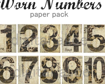 Worn FARMHOUSE NUMBERS Paper Pack download  - 1-10 vintage House Number Craft Papers,Instant Decor Wedding DiY
