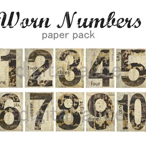 Worn FARMHOUSE NUMBERS Paper Pack download  - 1-10 vintage House Number Craft Papers,Instant Decor Wedding DiY