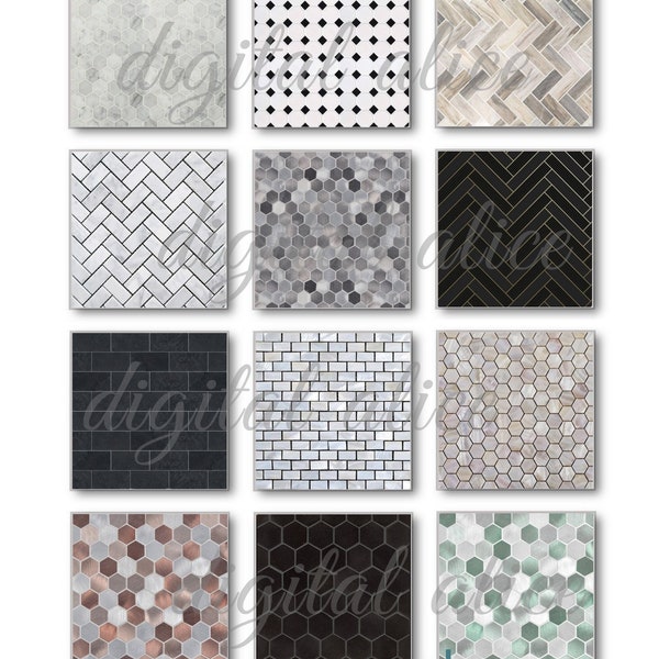 DECORATIVE TILES - Printable Digital Paper Pack -12 Marble, Metal, Ceramic Tile Home Decor Backgrounds , crafts, miniatures, diorama