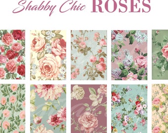 SHABBY CHIC ROSES Paper Pack- Digital Papers - 10 Vintage Cabbage Rose,Instant Printable Download scrapbooking DiY more