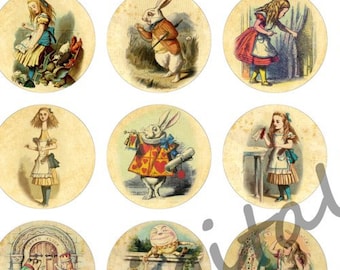 ALICE in WONDERLAND  Craft Circles -  Instant Download Digital Printable Bottlecaps Cupcakes Party Supply vintage look WoW