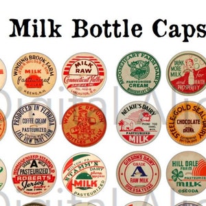Vintage MELKFLES CAP Labels Afdrukbare Ambachtelijke Cirkels - Instant Digitale Download - Dairy Farm CoW - Hangers Bottlecaps Collage Sheet