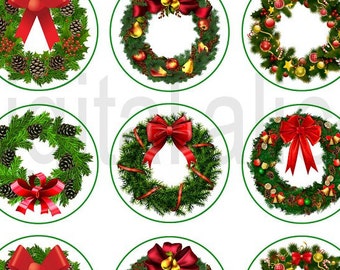 CHRISTMAS WREATH Craft Circles -Holiday Wreaths, Ivy,Evergreen - Instant Download Digital Printable-  -Bottlecaps ,tags, stickers, crafts