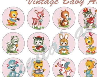 Vintage Pink ANIMAL BABIES Craft Circles - cute 1940's  Baby Animals  - Instant Download Digital Printable-Bottlecaps Collage Sheet - girl