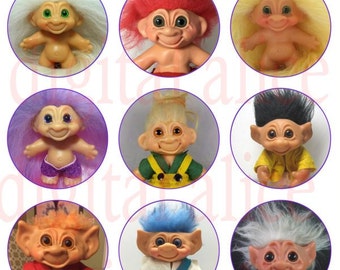 VINTAGE TROLL DOLLS Craft Circles - Cute Trolls - Descarga instantánea Digital Printable-Bottlecaps Collage Sheet-DiY Print-3 tamaños