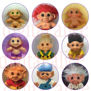 VINTAGE TROLL DOLLS Craft Circles - Cute Trolls -  Instant Download Digital Printable-Bottlecaps Collage Sheet-DiY Print-3 sizes