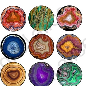 May include: Twelve round agate slices with various patterns and colors, including red, orange, yellow, green, blue, purple, and brown. The agate slices are arranged in a grid pattern.