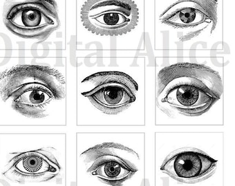 Vintage EYE BALLS -12 squares- Creepy Eyeball, jewelry, pendants,more - Instant Download Printable  - 2 and 1 in squares