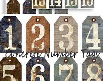 CONCRETE NUMBER TAGS - Instant Download Digital Stone Cement Numbered Hang tags,cards  - DiY 1 - 16 plus Blanks