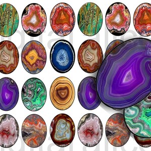 May include: A collection of 25 round agate slices with various colors and patterns, including purple, green, brown, and orange. The agate slices are arranged in a grid pattern on a white background.