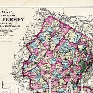 Vintage NEW JERSEY STATE Map - Old Map 1872 Jersey - Instant Download Digital Printable Map - Antique Map of New Jersey