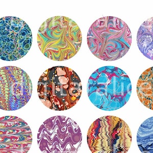 May include: Twelve circular images of marbled paper in various colors and patterns. The title "Marbled Papers" is written in cursive at the top of the image.