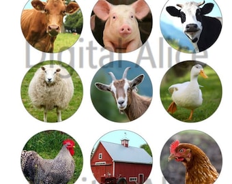 CUTE FARM ANIMALS -12 circles -Cow,pig,sheep,goat,chicken,horse ,donkey, duck,barn - Instant Download Printable  - 2 and 1 in circles