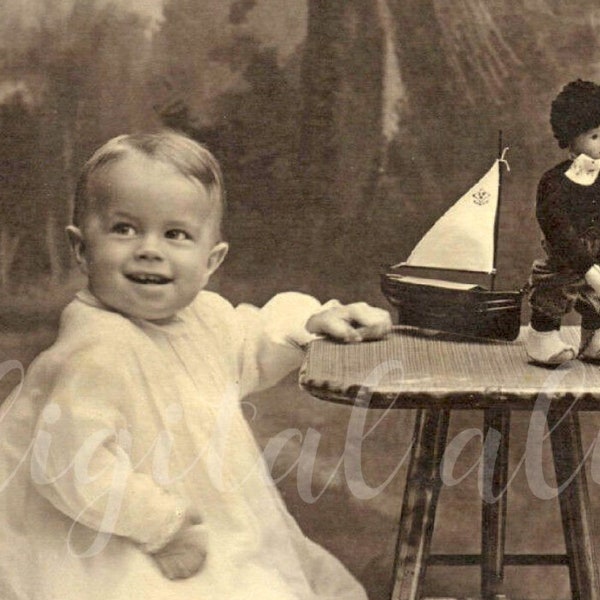 VINTAGE Antique PHOTO -Baby Boy w his Pond Boat and Steiff Doll-Digital Download Printable -2 sizes - collage, scrapbooking, cards,