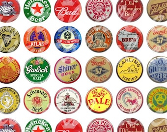 May include: A collection of 36 vintage beer bottle caps in various colors and designs. The caps feature logos and branding from popular beer brands, including Miller, Heineken, Budweiser, Guinness, and more. The caps are arranged in a grid pattern, with 1.1 inch and 3 inch circles.