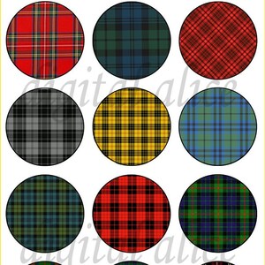 May include: Twelve different plaid patterns in a circle shape. The patterns are in various colors, including red, green, blue, yellow, and black.