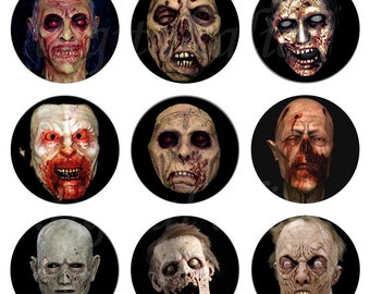SCARY ZOMBIES Craft Circles - creepy dead zombie head faces - Instant Download Digital Printable-  -Halloween Party Bottlecaps ,stickers,