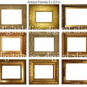Peut inclure: Neuf cadres photo antiques dorés, chacun avec un design orné différent, mesurant 7,6 par 6,4 centimètres.