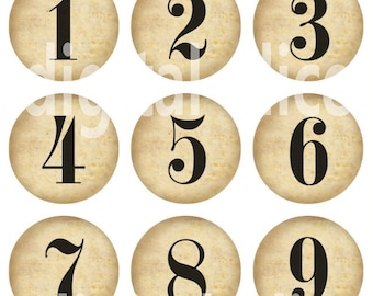 VINTAGE OLD NUMBERS Craft Circles - Aged Parchment Paper Numbers -Instant Download Digital Printable- Bottle Caps,Jewelry,crafts more