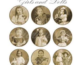 ANTIQUE PHOTOS Girls with Dolls Craft Circles - Victorian Photographs- Instant Download Digital Printable Bottlecaps Cupcakes Collage Sheet