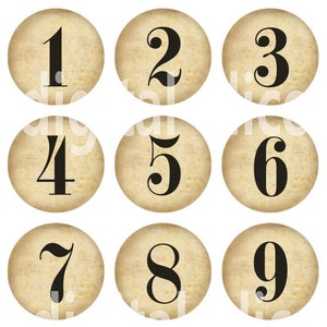 VINTAGE OLD NUMBERS Craft Circles - Aged Parchment Paper Numbers -Instant Download Digital Printable- Bottle Caps,Jewelry,crafts more