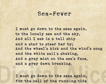 VINTAGE TYPEWRITER PRINT Poem Quote - Sea-Fever by John Masefield - I must go down to the seas again Digital Download Nautical Decor