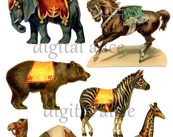 Vintage CIRCUS ANIMALS CLIP ARt- Digital Download double sided-  antique Carnival Elephant,Camel,Bear Horse Giraffe -Party Paper Crafts