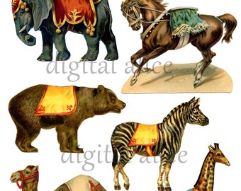 Vintage CIRCUS ANIMALS CLIP ARt- Digital Download - Antique Carnival Elephant,Camel,Bear Horse Giraffe -Party Paper Crafts DiY