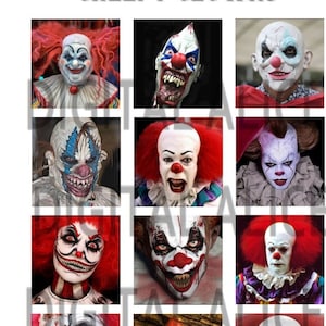 May include: A collage of nine images featuring creepy clowns with exaggerated features, including red noses, wide smiles, and wild hair. The clowns are wearing colorful costumes and makeup.