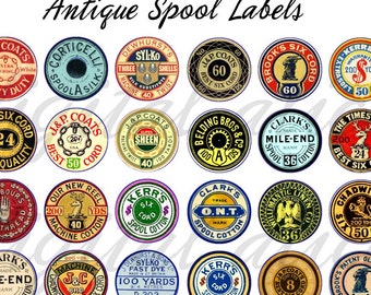 VINTAGE THREAD SPOOL Labels  Printable Craft Circles - Instant Digital Download - Cotton Reel - Pendants Bottlecaps Collage Sheet